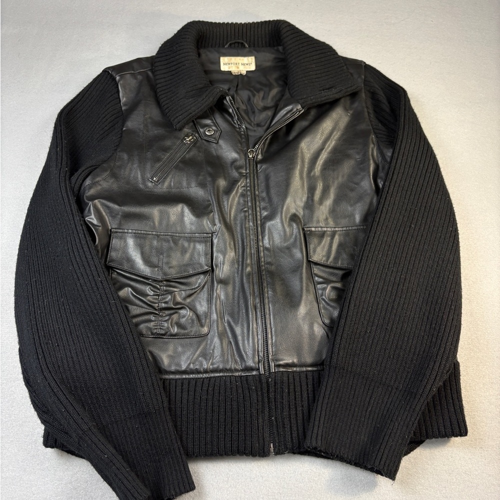 Vintage Plus Size Newport News Black Faux Leather Knit Jacket Y2K Moto Sz 2X